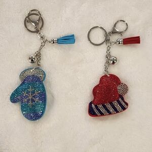 Christmas Hat And Glove Rhinestone Keychain Set Bag Charms